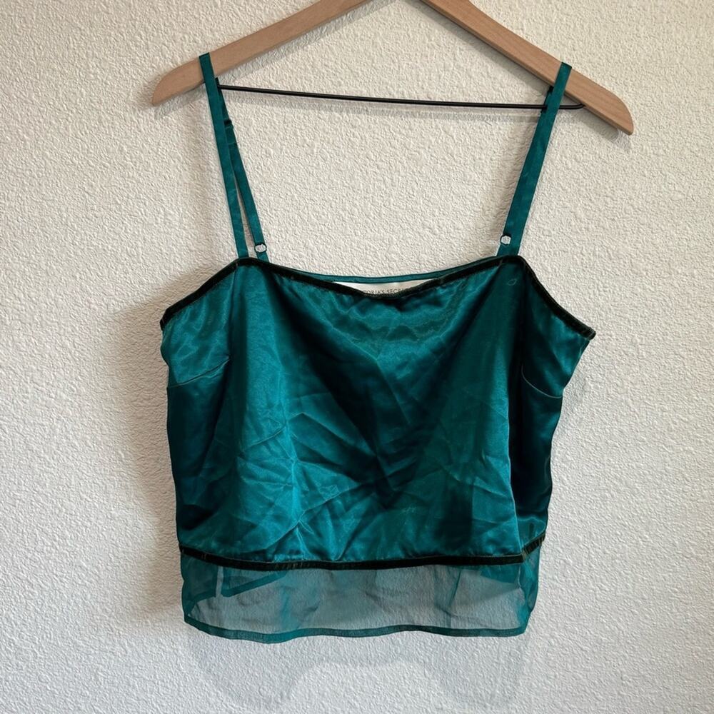 VTG Victoria Secret Y2K Green Cami Velour Trim Satin Mesh Hem Dainty‎ Academia